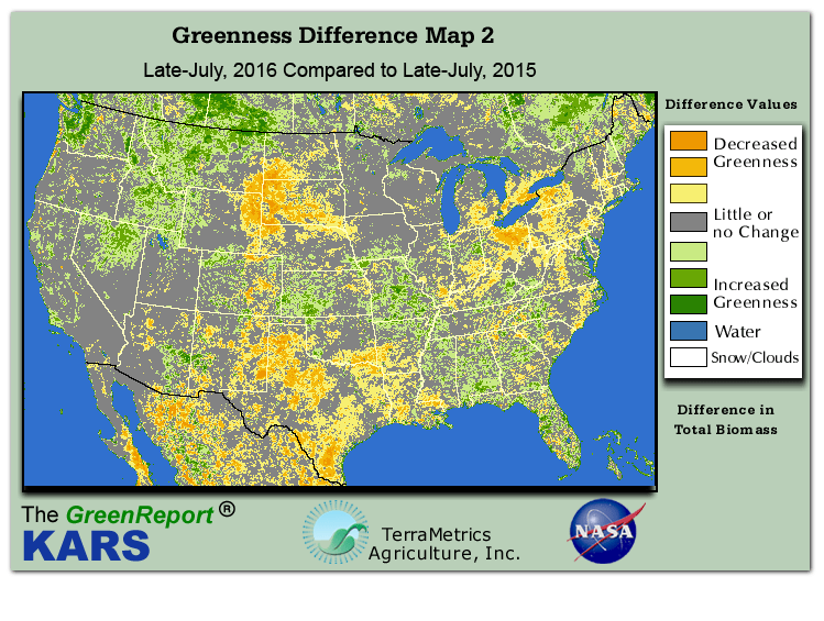 Color-coded U.S. vegetation greeness index map for Period 30 of 2016, illustrating spatial variations in plant vigor, with greener tones indicating higher biomass and browner tones indicating stressed vegetation,
              comparing current crop/vegetation change in biomass to same period from the previous year.