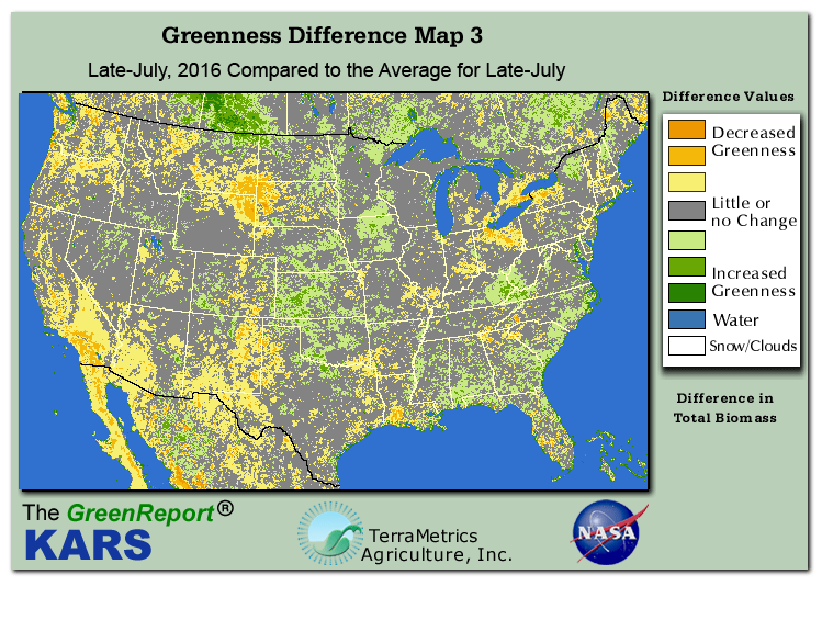 Color-coded U.S. vegetation greeness index map for Period 30 of 2016, illustrating spatial variations in plant vigor, with greener tones indicating higher biomass and browner tones indicating stressed vegetation,
              comparing current crop/vegetation change in biomass to the 20-year greenness average.