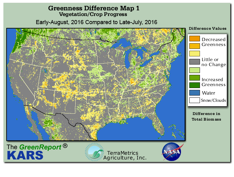 Color-coded U.S. vegetation greeness index map for Period 31 of 2016, illustrating spatial variations in plant vigor, with greener tones indicating higher biomass and browner tones indicating stressed vegetation,
              comparing current crop/vegetation change in biomass to the previous week within the same year.