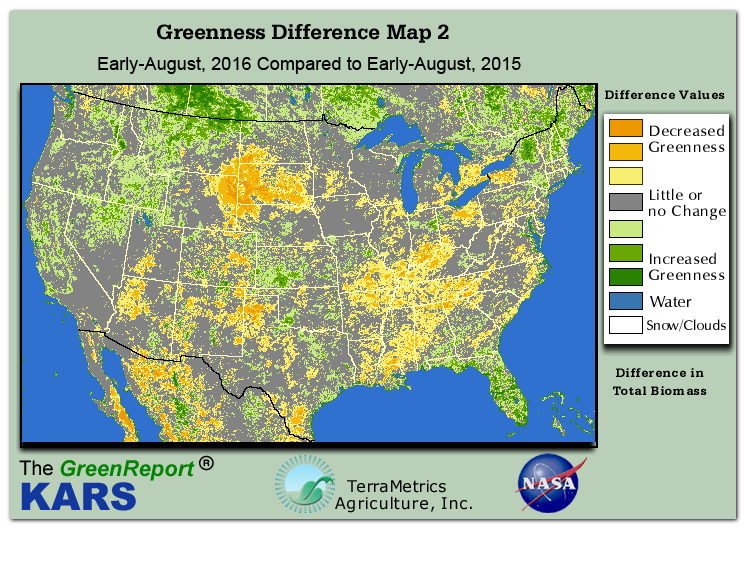 Color-coded U.S. vegetation greeness index map for Period 31 of 2016, illustrating spatial variations in plant vigor, with greener tones indicating higher biomass and browner tones indicating stressed vegetation,
              comparing current crop/vegetation change in biomass to same period from the previous year.