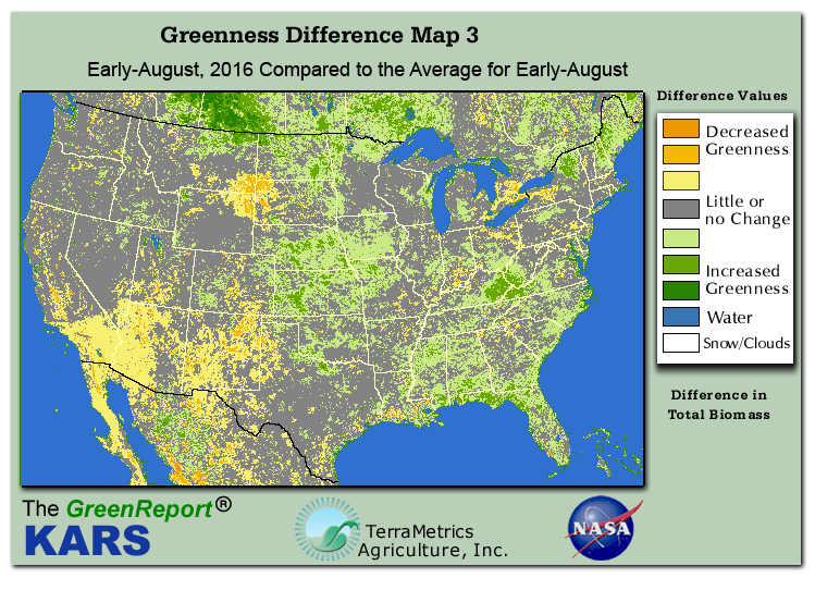 Color-coded U.S. vegetation greeness index map for Period 31 of 2016, illustrating spatial variations in plant vigor, with greener tones indicating higher biomass and browner tones indicating stressed vegetation,
              comparing current crop/vegetation change in biomass to the 20-year greenness average.