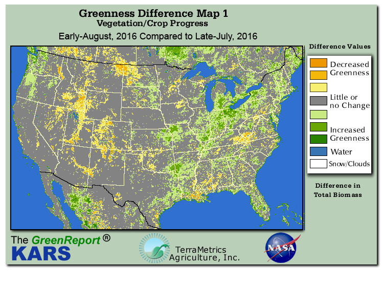 Color-coded U.S. vegetation greeness index map for Period 32 of 2016, illustrating spatial variations in plant vigor, with greener tones indicating higher biomass and browner tones indicating stressed vegetation,
              comparing current crop/vegetation change in biomass to the previous week within the same year.