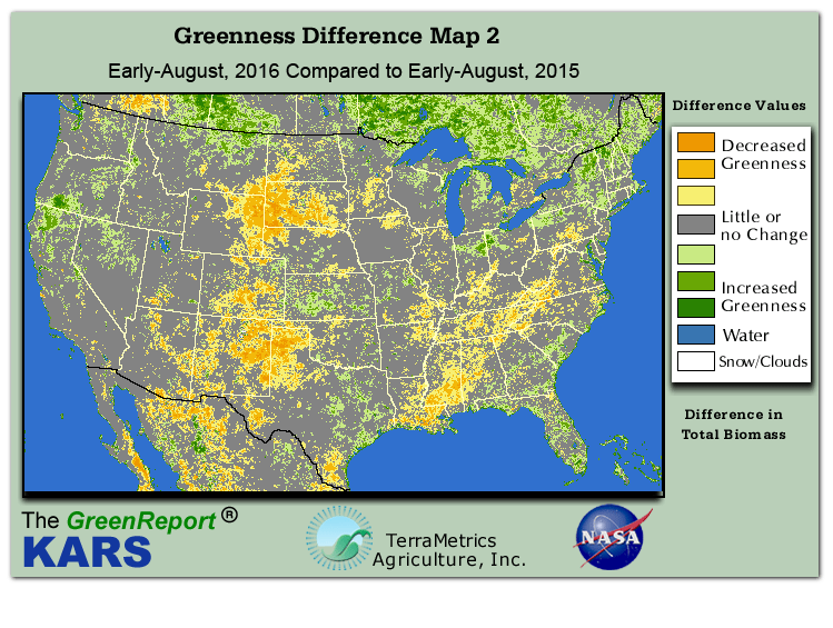Color-coded U.S. vegetation greeness index map for Period 32 of 2016, illustrating spatial variations in plant vigor, with greener tones indicating higher biomass and browner tones indicating stressed vegetation,
              comparing current crop/vegetation change in biomass to same period from the previous year.