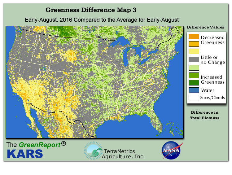 Color-coded U.S. vegetation greeness index map for Period 32 of 2016, illustrating spatial variations in plant vigor, with greener tones indicating higher biomass and browner tones indicating stressed vegetation,
              comparing current crop/vegetation change in biomass to the 20-year greenness average.