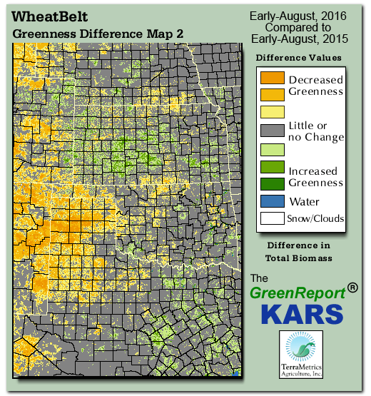 Color-coded Wheat Belt vegetation greeness index map for Period 32 of 2016, illustrating spatial variations in plant vigor, with greener tones indicating higher biomass and browner tones indicating stressed vegetation,
              comparing current crop/vegetation change in biomass to same period from the previous year.