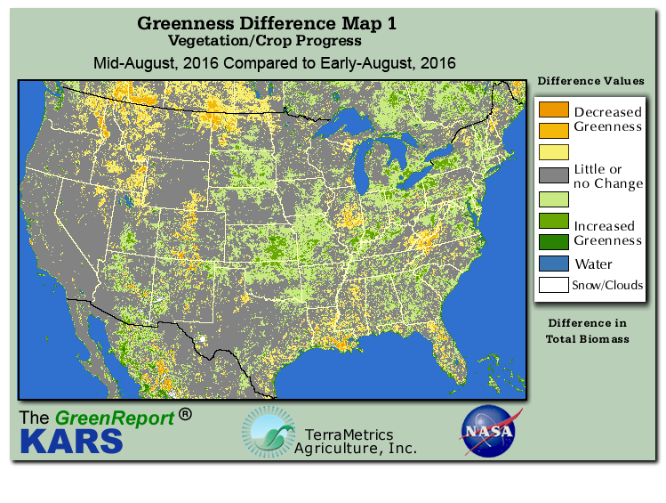 Color-coded U.S. vegetation greeness index map for Period 33 of 2016, illustrating spatial variations in plant vigor, with greener tones indicating higher biomass and browner tones indicating stressed vegetation,
              comparing current crop/vegetation change in biomass to the previous week within the same year.