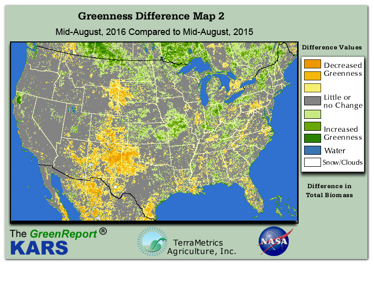 Color-coded U.S. vegetation greeness index map for Period 33 of 2016, illustrating spatial variations in plant vigor, with greener tones indicating higher biomass and browner tones indicating stressed vegetation,
              comparing current crop/vegetation change in biomass to same period from the previous year.