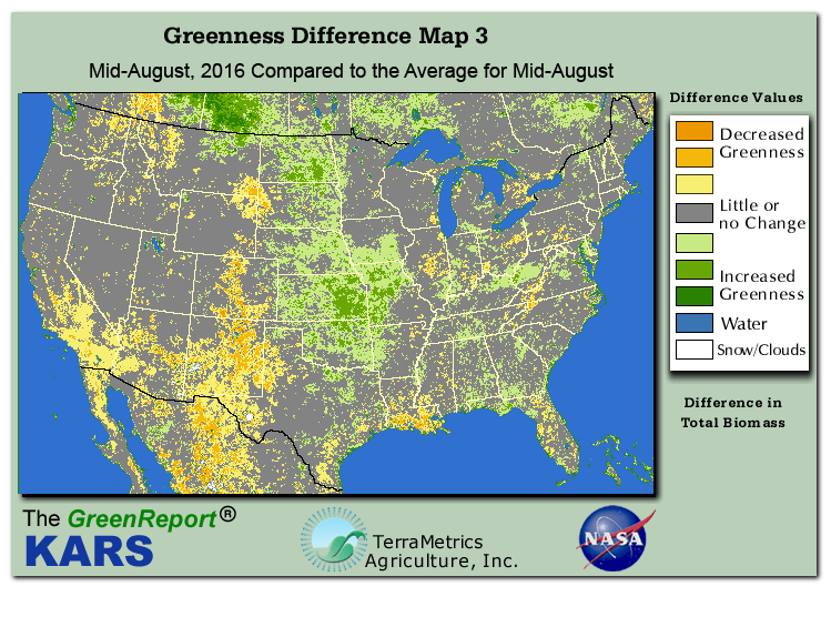 Color-coded U.S. vegetation greeness index map for Period 33 of 2016, illustrating spatial variations in plant vigor, with greener tones indicating higher biomass and browner tones indicating stressed vegetation,
              comparing current crop/vegetation change in biomass to the 20-year greenness average.