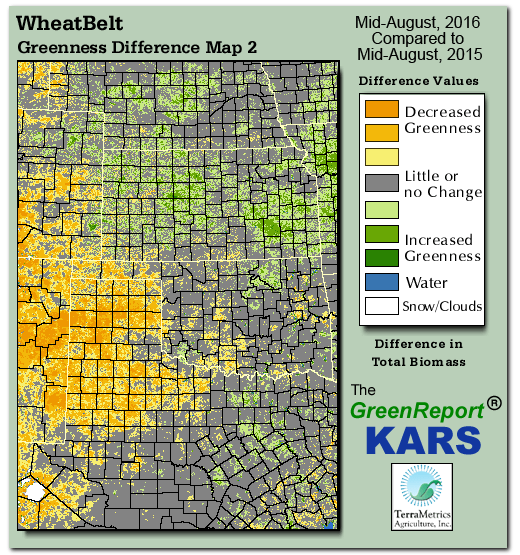 Color-coded Wheat Belt vegetation greeness index map for Period 33 of 2016, illustrating spatial variations in plant vigor, with greener tones indicating higher biomass and browner tones indicating stressed vegetation,
              comparing current crop/vegetation change in biomass to same period from the previous year.