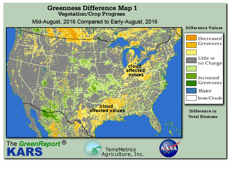 Color-coded U.S. vegetation greeness index map for Period 34 of 2016, illustrating spatial variations in plant vigor, with greener tones indicating higher biomass and browner tones indicating stressed vegetation,
              comparing current crop/vegetation change in biomass to the previous week within the same year.