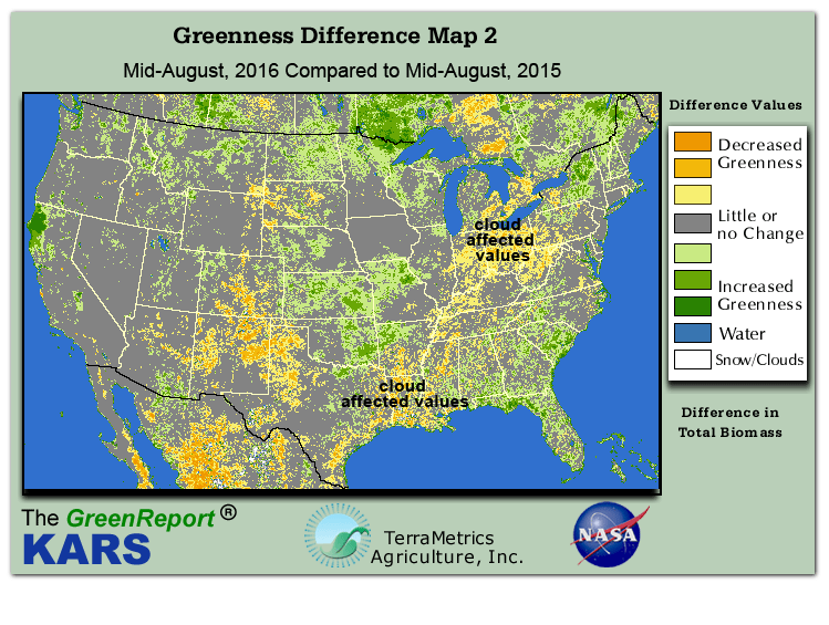 Color-coded U.S. vegetation greeness index map for Period 34 of 2016, illustrating spatial variations in plant vigor, with greener tones indicating higher biomass and browner tones indicating stressed vegetation,
              comparing current crop/vegetation change in biomass to same period from the previous year.