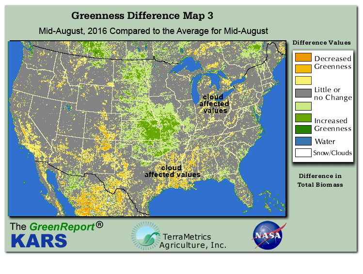 Color-coded U.S. vegetation greeness index map for Period 34 of 2016, illustrating spatial variations in plant vigor, with greener tones indicating higher biomass and browner tones indicating stressed vegetation,
              comparing current crop/vegetation change in biomass to the 20-year greenness average.