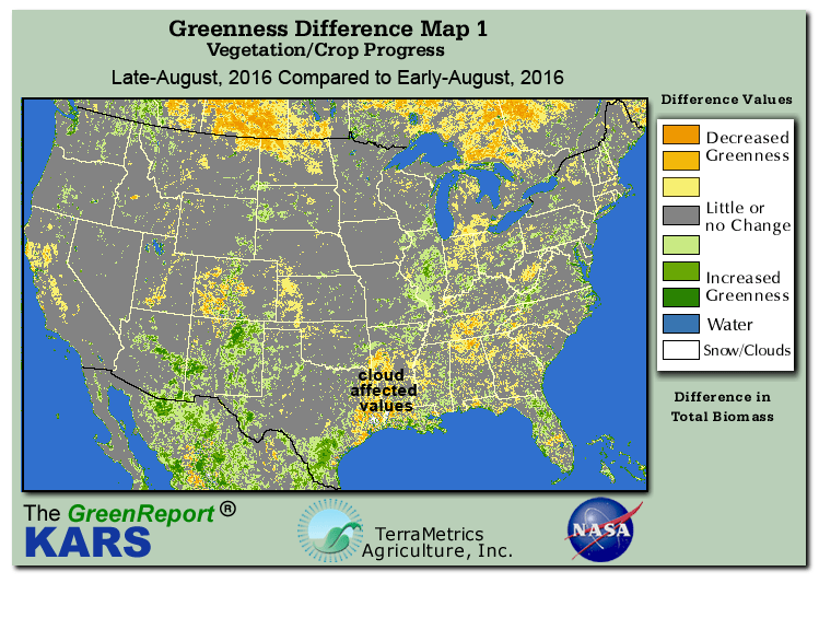 Color-coded U.S. vegetation greeness index map for Period 35 of 2016, illustrating spatial variations in plant vigor, with greener tones indicating higher biomass and browner tones indicating stressed vegetation,
              comparing current crop/vegetation change in biomass to the previous week within the same year.
