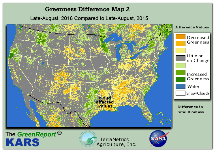 Color-coded U.S. vegetation greeness index map for Period 35 of 2016, illustrating spatial variations in plant vigor, with greener tones indicating higher biomass and browner tones indicating stressed vegetation,
              comparing current crop/vegetation change in biomass to same period from the previous year.