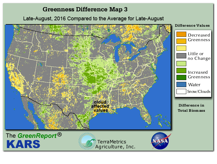Color-coded U.S. vegetation greeness index map for Period 35 of 2016, illustrating spatial variations in plant vigor, with greener tones indicating higher biomass and browner tones indicating stressed vegetation,
              comparing current crop/vegetation change in biomass to the 20-year greenness average.