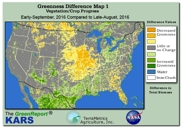 Color-coded U.S. vegetation greeness index map for Period 36 of 2016, illustrating spatial variations in plant vigor, with greener tones indicating higher biomass and browner tones indicating stressed vegetation,
              comparing current crop/vegetation change in biomass to the previous week within the same year.