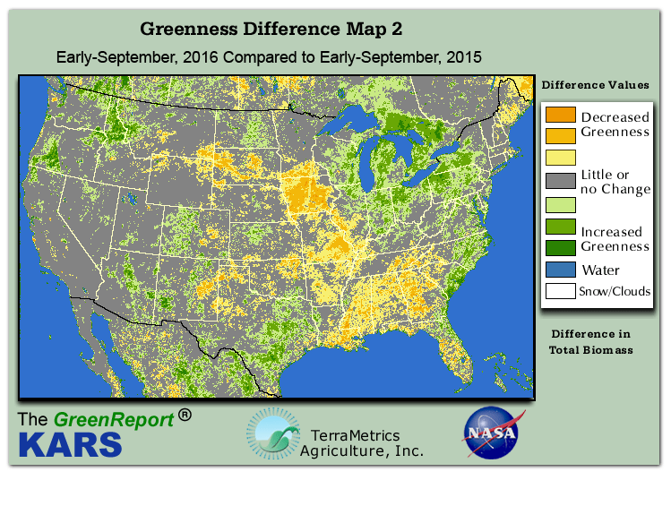 Color-coded U.S. vegetation greeness index map for Period 36 of 2016, illustrating spatial variations in plant vigor, with greener tones indicating higher biomass and browner tones indicating stressed vegetation,
              comparing current crop/vegetation change in biomass to same period from the previous year.