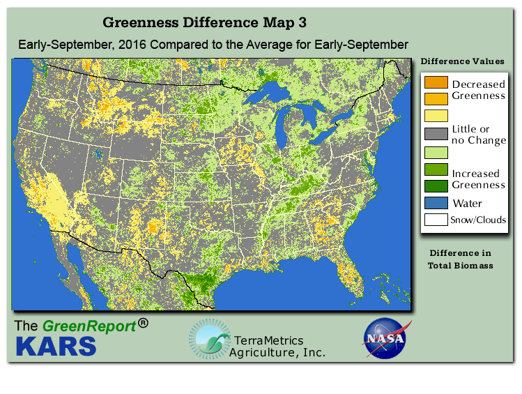 Color-coded U.S. vegetation greeness index map for Period 36 of 2016, illustrating spatial variations in plant vigor, with greener tones indicating higher biomass and browner tones indicating stressed vegetation,
              comparing current crop/vegetation change in biomass to the 20-year greenness average.