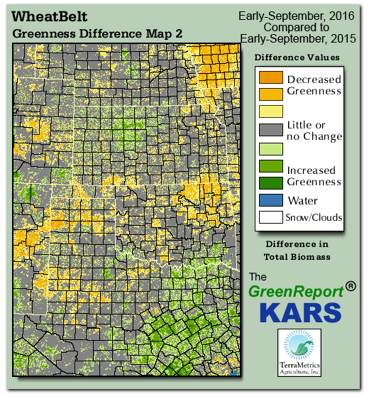 Color-coded Wheat Belt vegetation greeness index map for Period 36 of 2016, illustrating spatial variations in plant vigor, with greener tones indicating higher biomass and browner tones indicating stressed vegetation,
              comparing current crop/vegetation change in biomass to same period from the previous year.