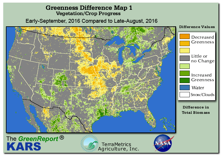 Color-coded U.S. vegetation greeness index map for Period 37 of 2016, illustrating spatial variations in plant vigor, with greener tones indicating higher biomass and browner tones indicating stressed vegetation,
              comparing current crop/vegetation change in biomass to the previous week within the same year.