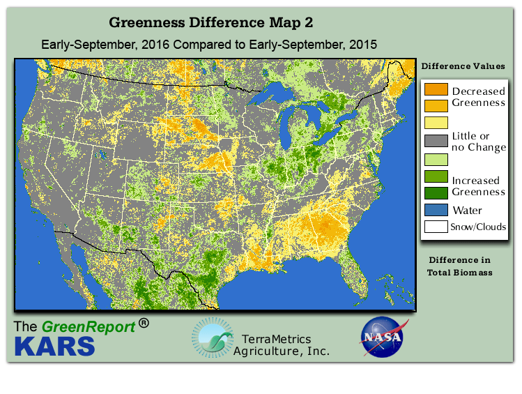 Color-coded U.S. vegetation greeness index map for Period 37 of 2016, illustrating spatial variations in plant vigor, with greener tones indicating higher biomass and browner tones indicating stressed vegetation,
              comparing current crop/vegetation change in biomass to same period from the previous year.