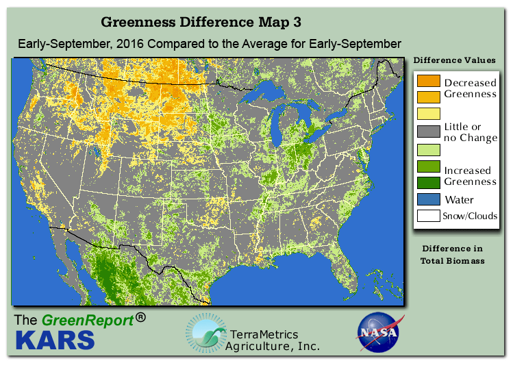 Color-coded U.S. vegetation greeness index map for Period 37 of 2016, illustrating spatial variations in plant vigor, with greener tones indicating higher biomass and browner tones indicating stressed vegetation,
              comparing current crop/vegetation change in biomass to the 20-year greenness average.