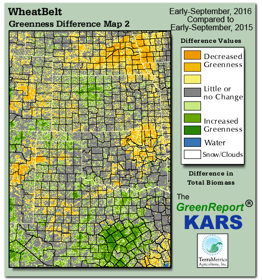 Color-coded Wheat Belt vegetation greeness index map for Period 37 of 2016, illustrating spatial variations in plant vigor, with greener tones indicating higher biomass and browner tones indicating stressed vegetation,
              comparing current crop/vegetation change in biomass to same period from the previous year.