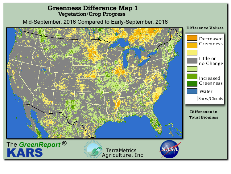 Color-coded U.S. vegetation greeness index map for Period 38 of 2016, illustrating spatial variations in plant vigor, with greener tones indicating higher biomass and browner tones indicating stressed vegetation,
              comparing current crop/vegetation change in biomass to the previous week within the same year.