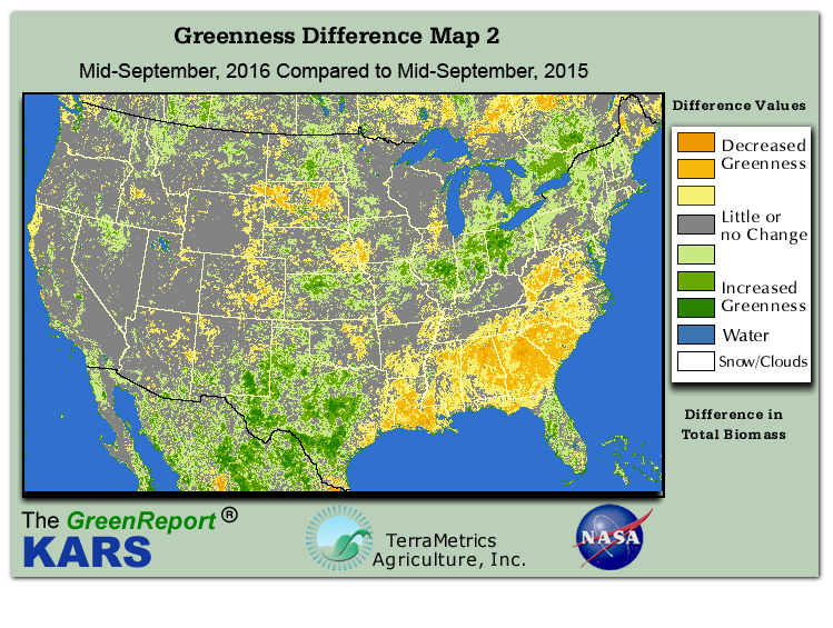 Color-coded U.S. vegetation greeness index map for Period 38 of 2016, illustrating spatial variations in plant vigor, with greener tones indicating higher biomass and browner tones indicating stressed vegetation,
              comparing current crop/vegetation change in biomass to same period from the previous year.