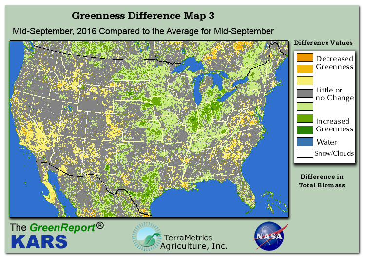 Color-coded U.S. vegetation greeness index map for Period 38 of 2016, illustrating spatial variations in plant vigor, with greener tones indicating higher biomass and browner tones indicating stressed vegetation,
              comparing current crop/vegetation change in biomass to the 20-year greenness average.