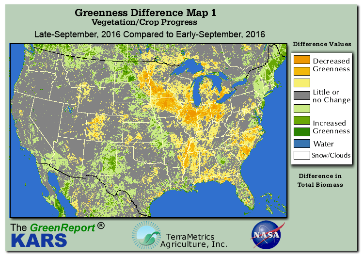 Color-coded U.S. vegetation greeness index map for Period 39 of 2016, illustrating spatial variations in plant vigor, with greener tones indicating higher biomass and browner tones indicating stressed vegetation,
              comparing current crop/vegetation change in biomass to the previous week within the same year.