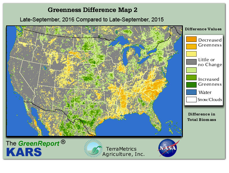 Color-coded U.S. vegetation greeness index map for Period 39 of 2016, illustrating spatial variations in plant vigor, with greener tones indicating higher biomass and browner tones indicating stressed vegetation,
              comparing current crop/vegetation change in biomass to same period from the previous year.