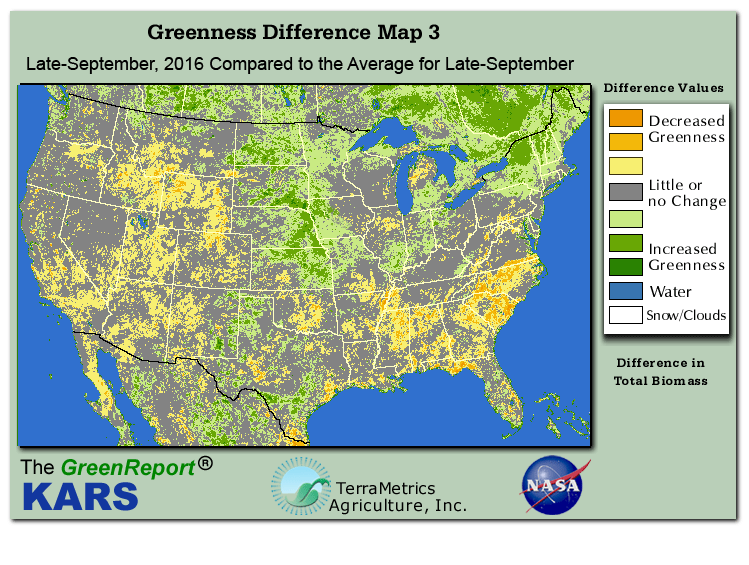 Color-coded U.S. vegetation greeness index map for Period 39 of 2016, illustrating spatial variations in plant vigor, with greener tones indicating higher biomass and browner tones indicating stressed vegetation,
              comparing current crop/vegetation change in biomass to the 20-year greenness average.