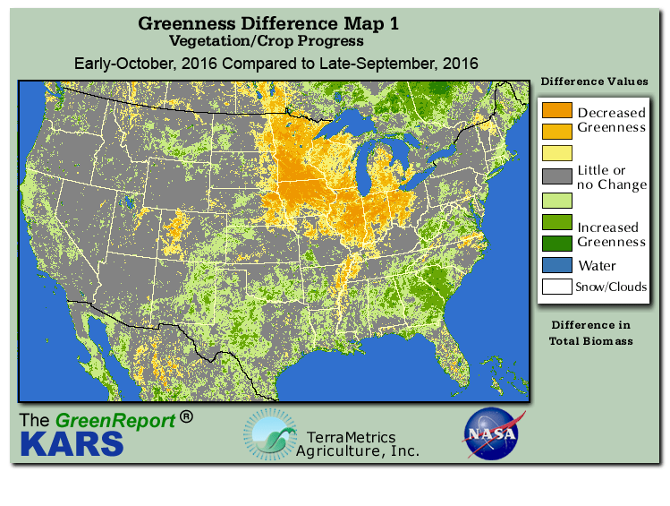 Color-coded U.S. vegetation greeness index map for Period 40 of 2016, illustrating spatial variations in plant vigor, with greener tones indicating higher biomass and browner tones indicating stressed vegetation,
              comparing current crop/vegetation change in biomass to the previous week within the same year.