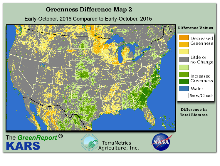 Color-coded U.S. vegetation greeness index map for Period 40 of 2016, illustrating spatial variations in plant vigor, with greener tones indicating higher biomass and browner tones indicating stressed vegetation,
              comparing current crop/vegetation change in biomass to same period from the previous year.