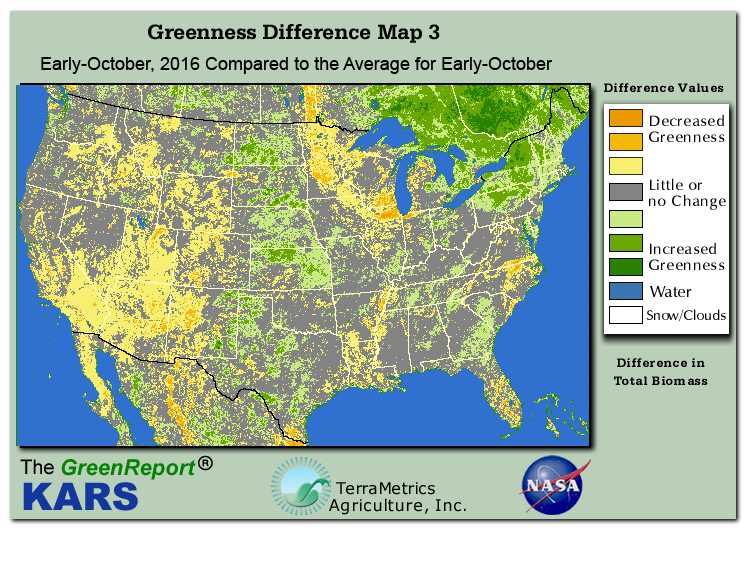 Color-coded U.S. vegetation greeness index map for Period 40 of 2016, illustrating spatial variations in plant vigor, with greener tones indicating higher biomass and browner tones indicating stressed vegetation,
              comparing current crop/vegetation change in biomass to the 20-year greenness average.