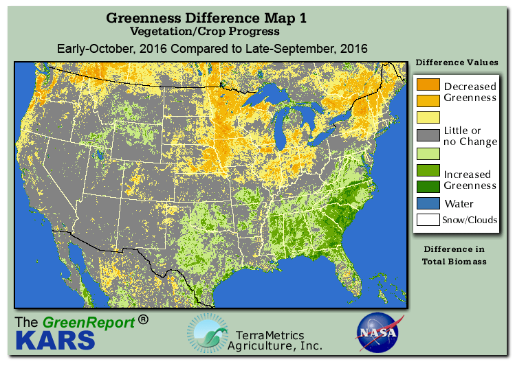 Color-coded U.S. vegetation greeness index map for Period 41 of 2016, illustrating spatial variations in plant vigor, with greener tones indicating higher biomass and browner tones indicating stressed vegetation,
              comparing current crop/vegetation change in biomass to the previous week within the same year.