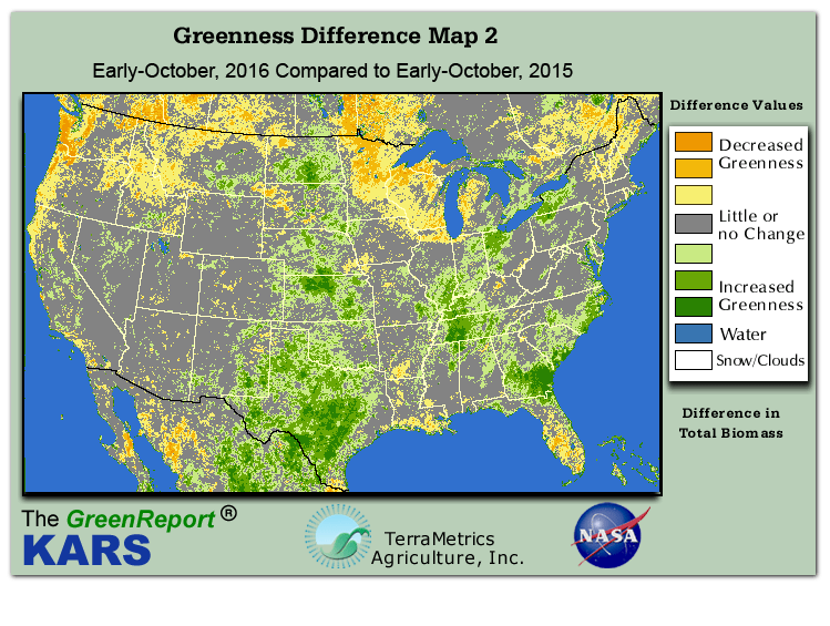 Color-coded U.S. vegetation greeness index map for Period 41 of 2016, illustrating spatial variations in plant vigor, with greener tones indicating higher biomass and browner tones indicating stressed vegetation,
              comparing current crop/vegetation change in biomass to same period from the previous year.