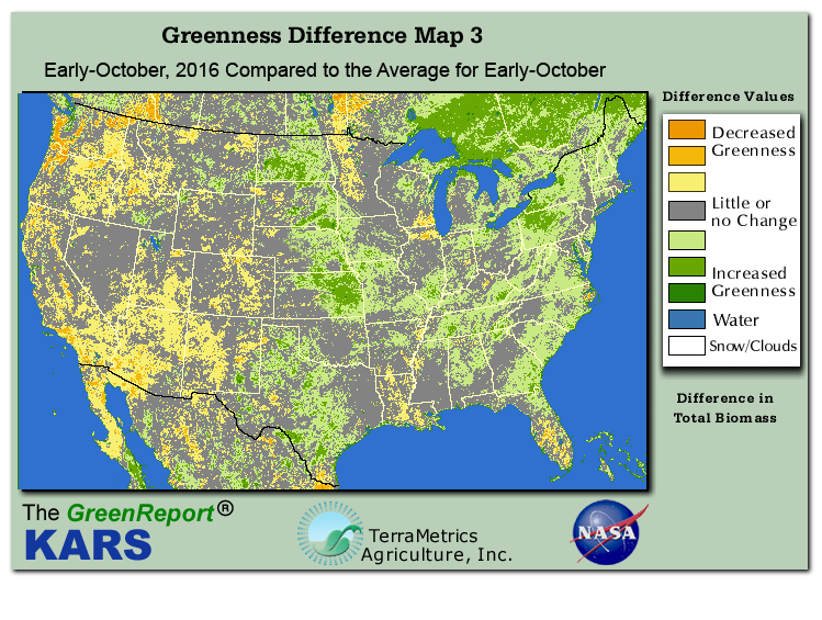 Color-coded U.S. vegetation greeness index map for Period 41 of 2016, illustrating spatial variations in plant vigor, with greener tones indicating higher biomass and browner tones indicating stressed vegetation,
              comparing current crop/vegetation change in biomass to the 20-year greenness average.