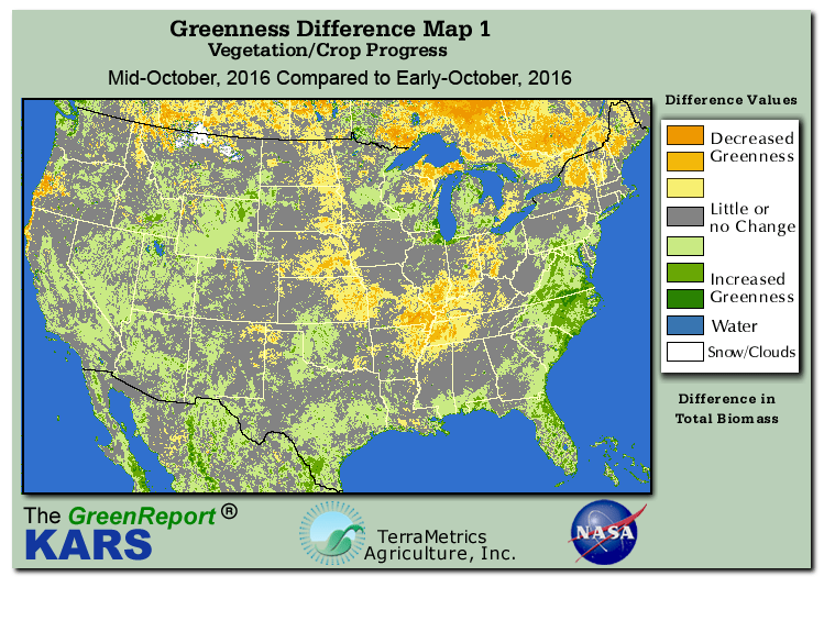 Color-coded U.S. vegetation greeness index map for Period 42 of 2016, illustrating spatial variations in plant vigor, with greener tones indicating higher biomass and browner tones indicating stressed vegetation,
              comparing current crop/vegetation change in biomass to the previous week within the same year.