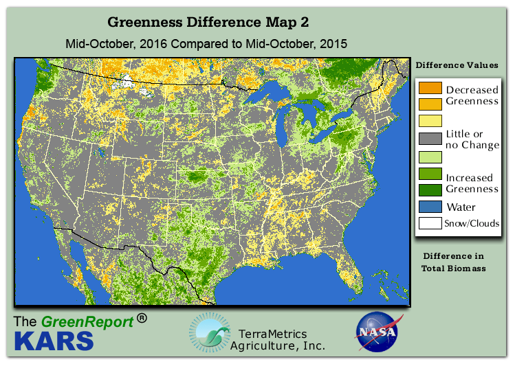 Color-coded U.S. vegetation greeness index map for Period 42 of 2016, illustrating spatial variations in plant vigor, with greener tones indicating higher biomass and browner tones indicating stressed vegetation,
              comparing current crop/vegetation change in biomass to same period from the previous year.