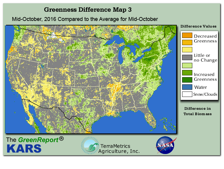 Color-coded U.S. vegetation greeness index map for Period 42 of 2016, illustrating spatial variations in plant vigor, with greener tones indicating higher biomass and browner tones indicating stressed vegetation,
              comparing current crop/vegetation change in biomass to the 20-year greenness average.