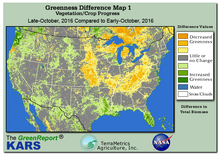 Color-coded U.S. vegetation greeness index map for Period 43 of 2016, illustrating spatial variations in plant vigor, with greener tones indicating higher biomass and browner tones indicating stressed vegetation,
              comparing current crop/vegetation change in biomass to the previous week within the same year.