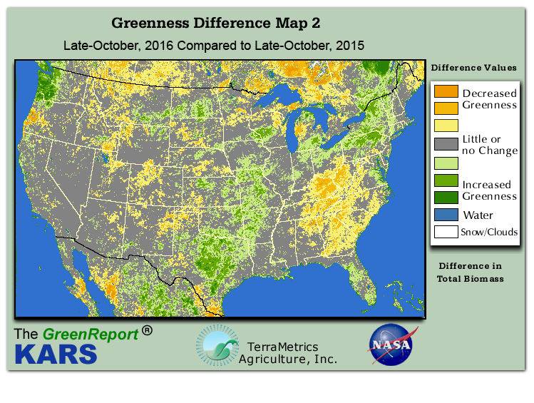 Color-coded U.S. vegetation greeness index map for Period 43 of 2016, illustrating spatial variations in plant vigor, with greener tones indicating higher biomass and browner tones indicating stressed vegetation,
              comparing current crop/vegetation change in biomass to same period from the previous year.