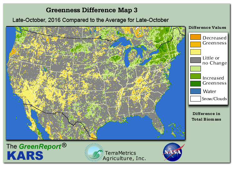 Color-coded U.S. vegetation greeness index map for Period 43 of 2016, illustrating spatial variations in plant vigor, with greener tones indicating higher biomass and browner tones indicating stressed vegetation,
              comparing current crop/vegetation change in biomass to the 20-year greenness average.