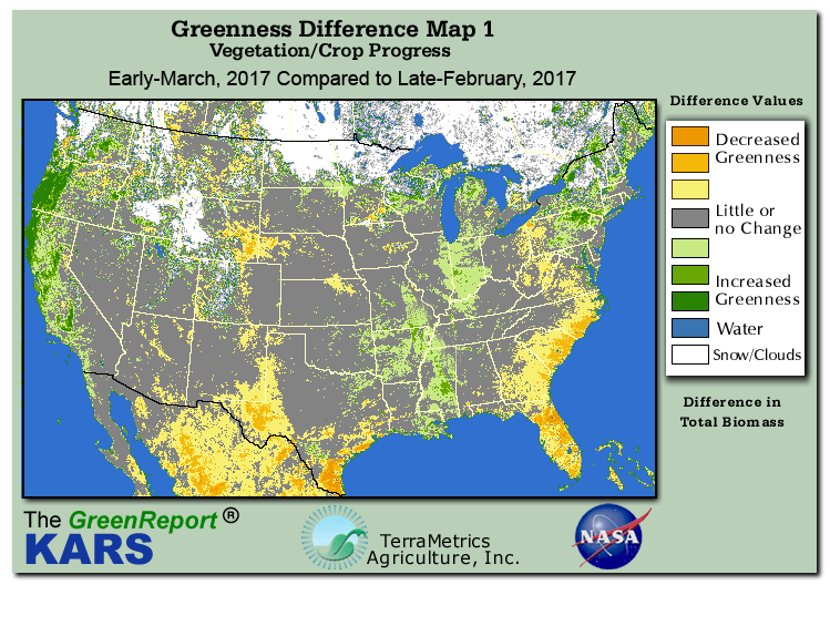 Color-coded U.S. vegetation greeness index map for Period 11 of 2017, illustrating spatial variations in plant vigor, with greener tones indicating higher biomass and browner tones indicating stressed vegetation,
              comparing current crop/vegetation change in biomass to the previous week within the same year.