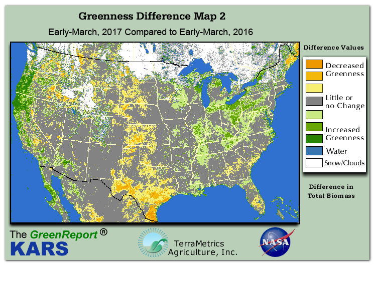 Color-coded U.S. vegetation greeness index map for Period 11 of 2017, illustrating spatial variations in plant vigor, with greener tones indicating higher biomass and browner tones indicating stressed vegetation,
              comparing current crop/vegetation change in biomass to same period from the previous year.