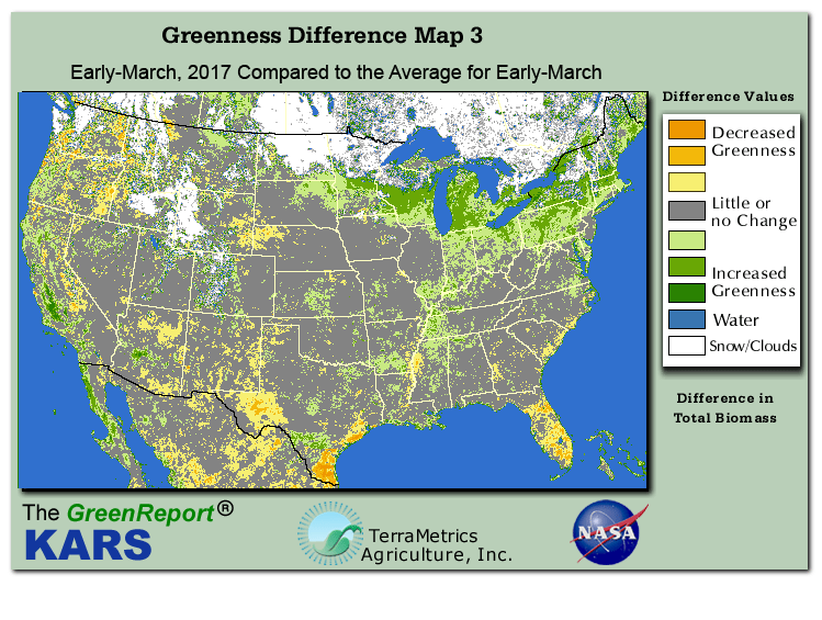 Color-coded U.S. vegetation greeness index map for Period 11 of 2017, illustrating spatial variations in plant vigor, with greener tones indicating higher biomass and browner tones indicating stressed vegetation,
              comparing current crop/vegetation change in biomass to the 20-year greenness average.