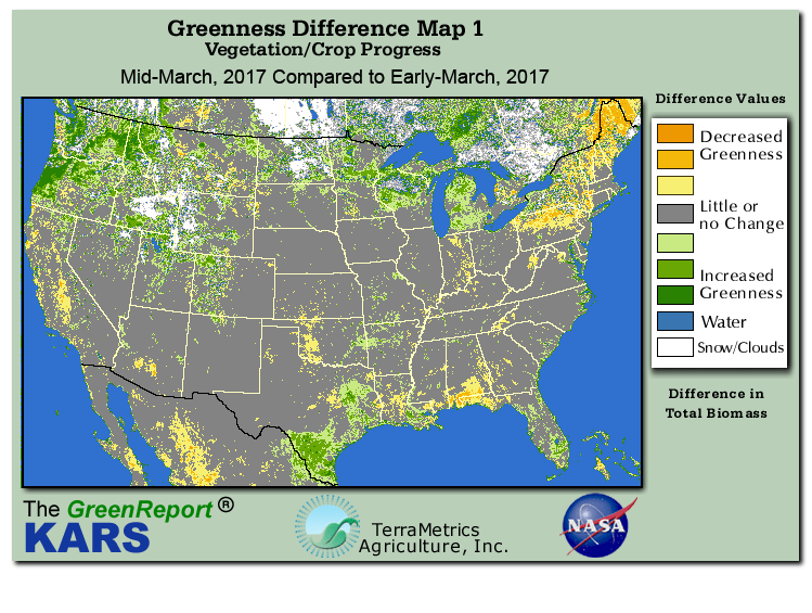 Color-coded U.S. vegetation greeness index map for Period 12 of 2017, illustrating spatial variations in plant vigor, with greener tones indicating higher biomass and browner tones indicating stressed vegetation,
              comparing current crop/vegetation change in biomass to the previous week within the same year.