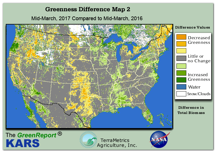 Color-coded U.S. vegetation greeness index map for Period 12 of 2017, illustrating spatial variations in plant vigor, with greener tones indicating higher biomass and browner tones indicating stressed vegetation,
              comparing current crop/vegetation change in biomass to same period from the previous year.